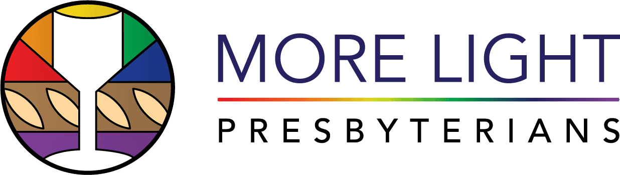 Logo for More Light Presbyterians featuring a white communion chalice on a rainbow-colored geometric background reminiscent of a stained glass window. Colors include brown, yellow, green, blue, red, and purple segments, with an abstract wheat or bread design behind the goblet.