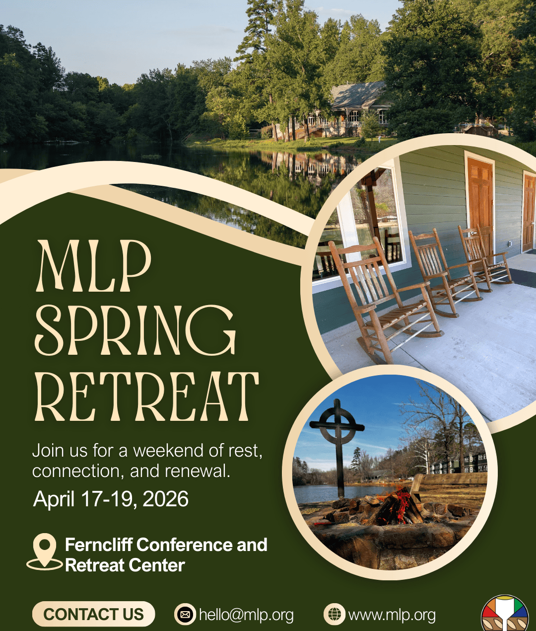 Spring retreat flyer for More Light Presbyterians with images of nature and rocking chairs.