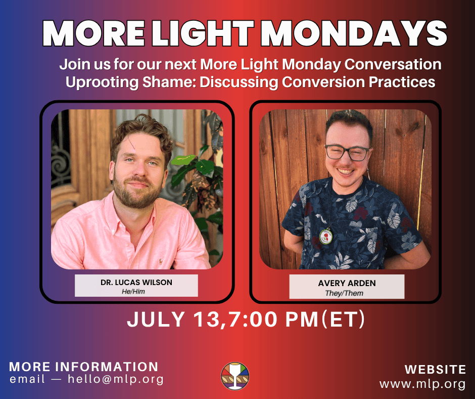 Promotional poster for More Light Mondays discussion event with Dr. Lucas Wilson and Avery Arden.